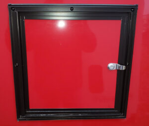 RED FUEL DOOR BLACK FRAME